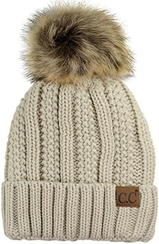 C.C Thick Cable Knit Faux Fuzzy Fur Pom Fleece Lined Skull Cap Cuff Beanie | Amazon (US)