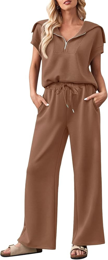 MEROKEETY Women 2 Piece Set Summer Outfits Sweatsuit Half Zip Cap Sleeve Sweatshirt Wide Leg Swea... | Amazon (US)