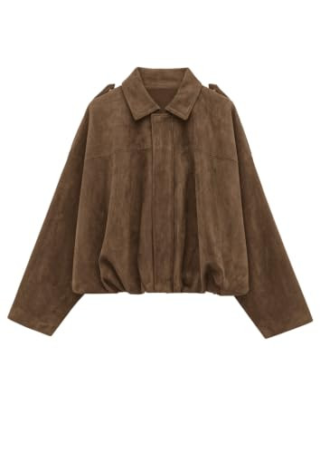 PRETTYGARDEN Women's Faux Suede Cropped Bomber Jacket,Brown,L | Amazon (US)