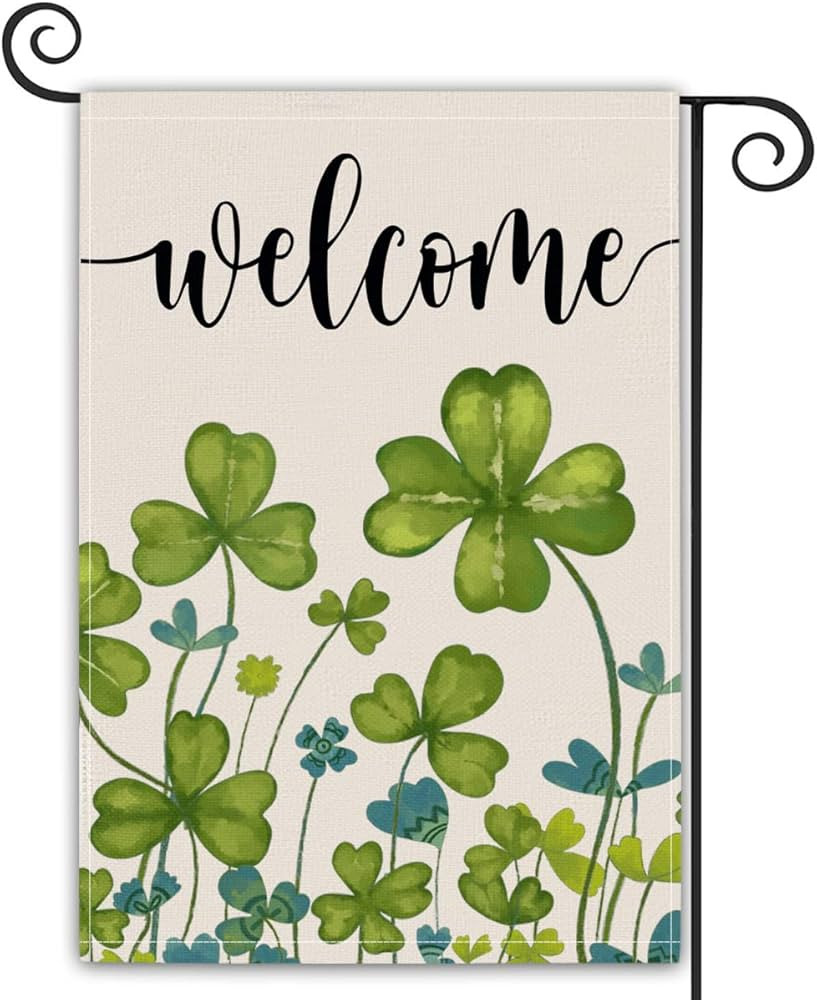 St Patricks Day Garden Flag Welcome Watercolor Lucky Green Clover Shamrock Burlap Vertical Double Si | Amazon (US)