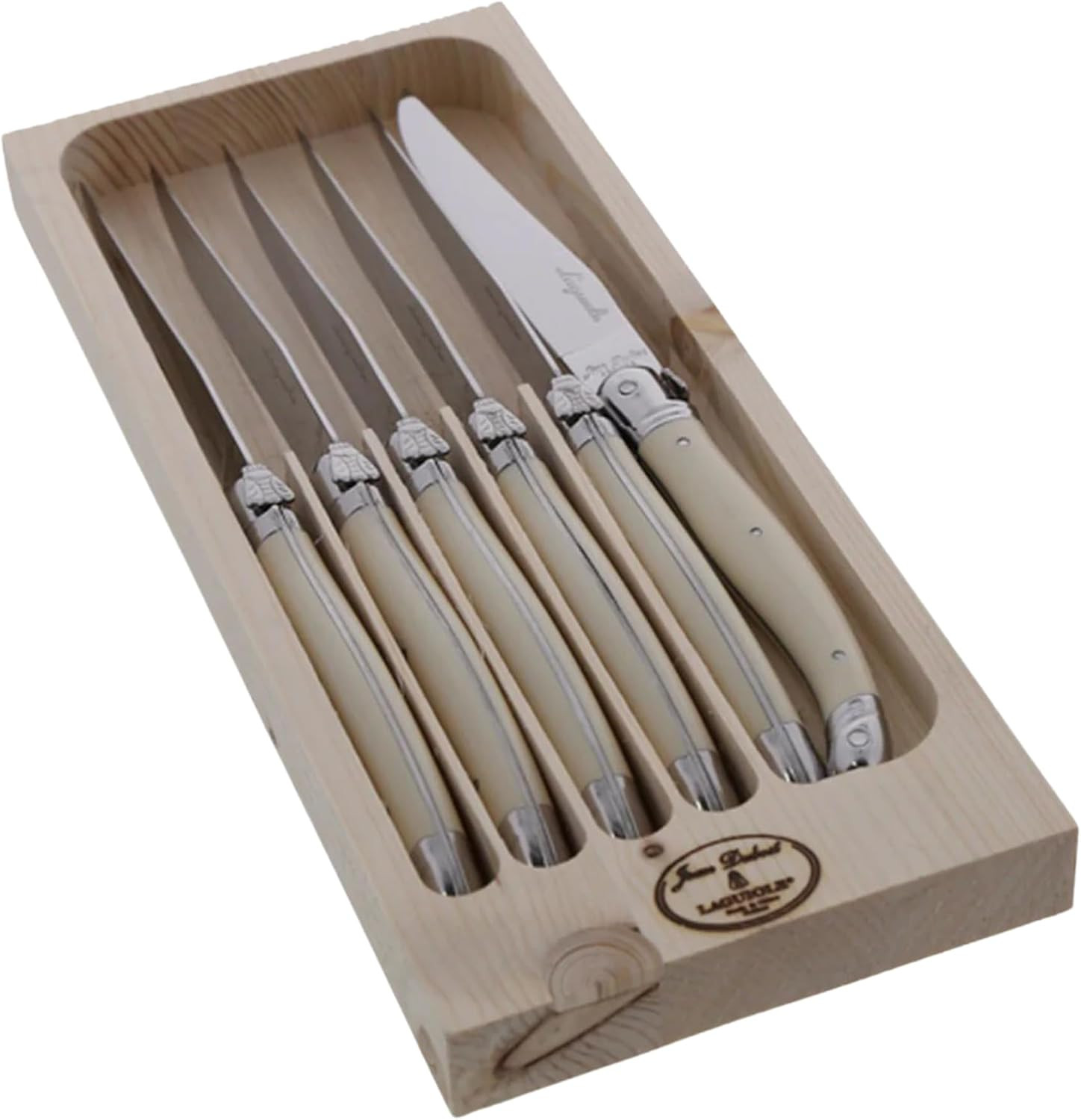 Jean Dubost Laguiole 6-Piece Steak Knife Set, Ivory Handles - 1.2 mm Blades - Rust-Resistant Stainless Steel - Includes Wooden Tray - Made in France | Amazon (US)
