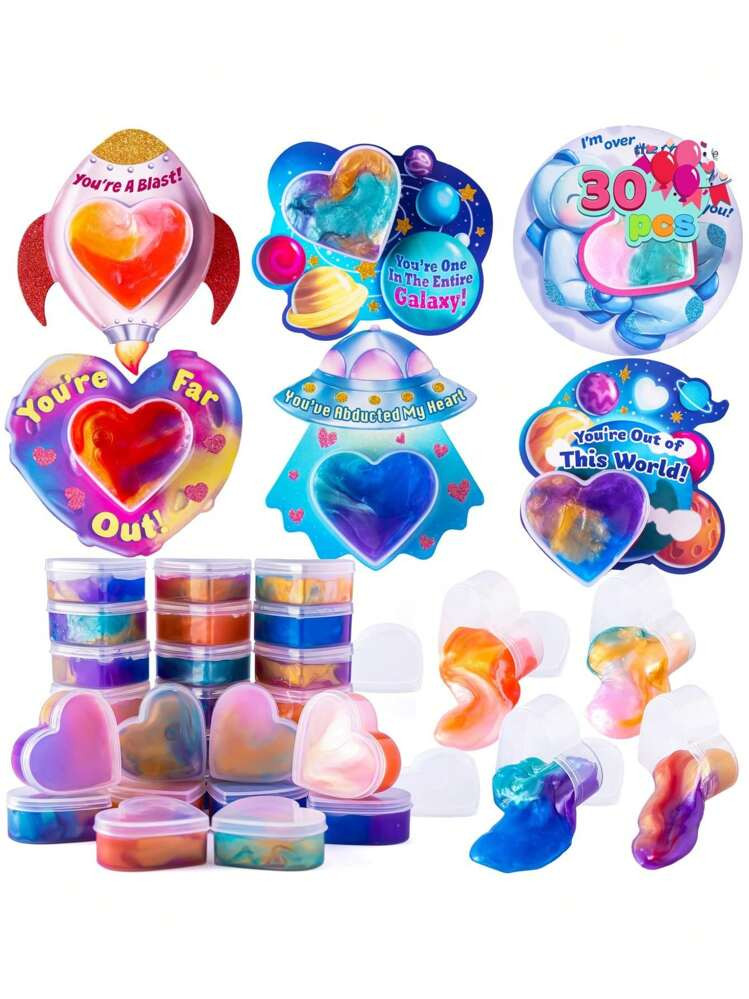 Syncfun 30 Packs Valentines Day Gift Cards With Galaxy Slime Stress Relief Fidget Toys For Valent... | SHEIN