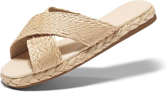 Coutgo Womens Flat Sandals Espadrilles Raffia Open Toe Slides Cross Strap Slip On Summer Dressy B... | Amazon (US)