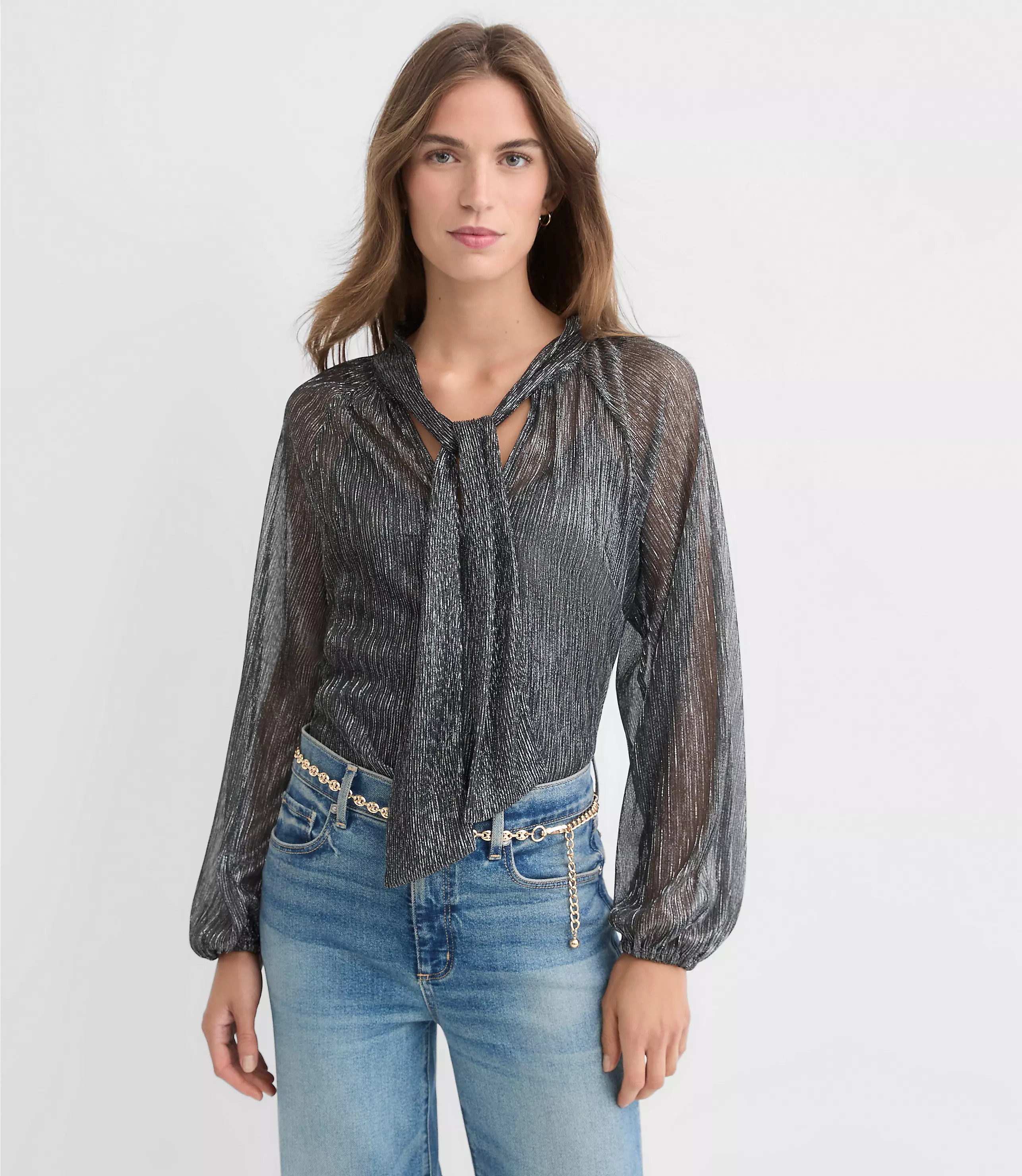 Metallic Shirred Tie Neck Blouse | LOFT
