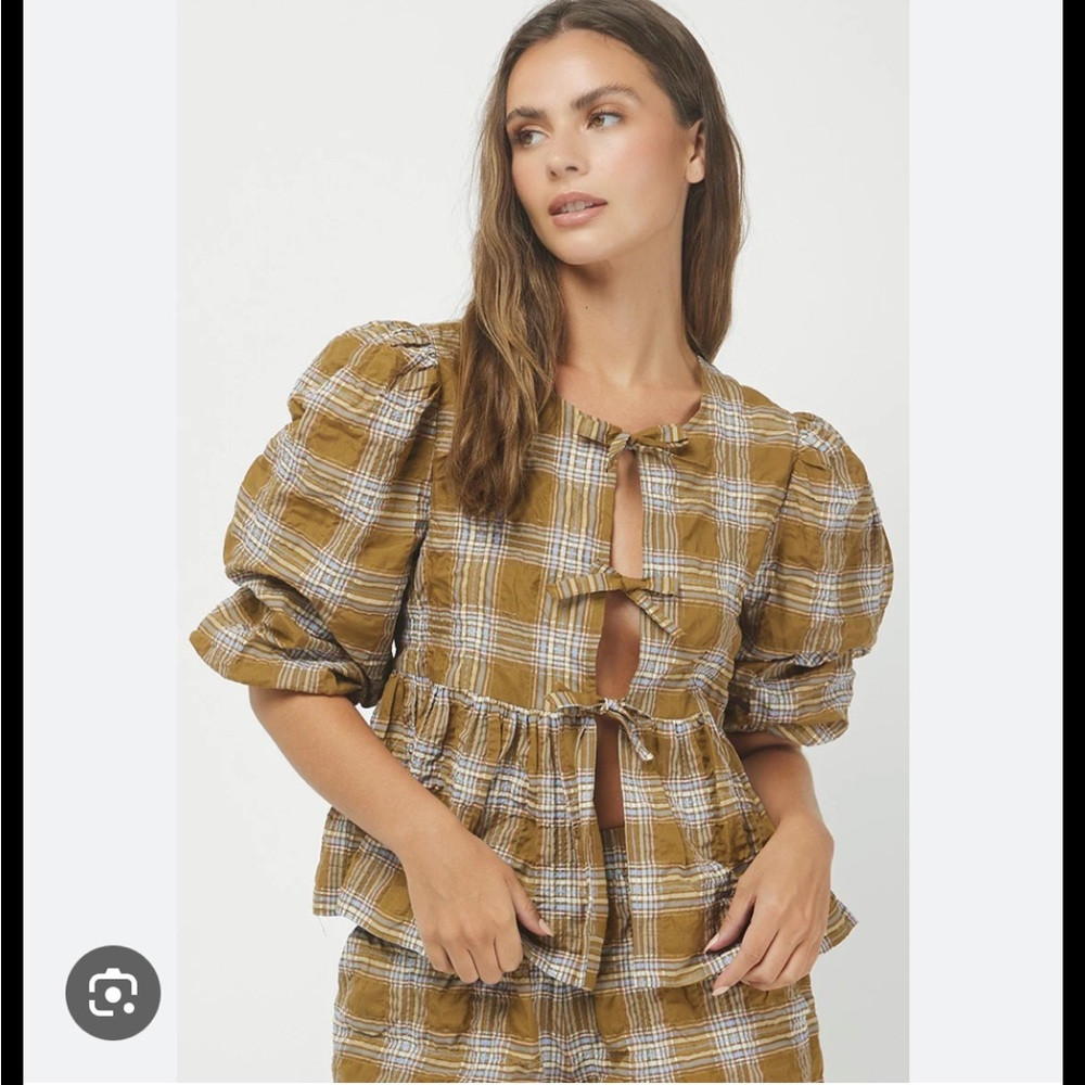 needii Plaid Peplum Top Olive Multi Medium | Poshmark