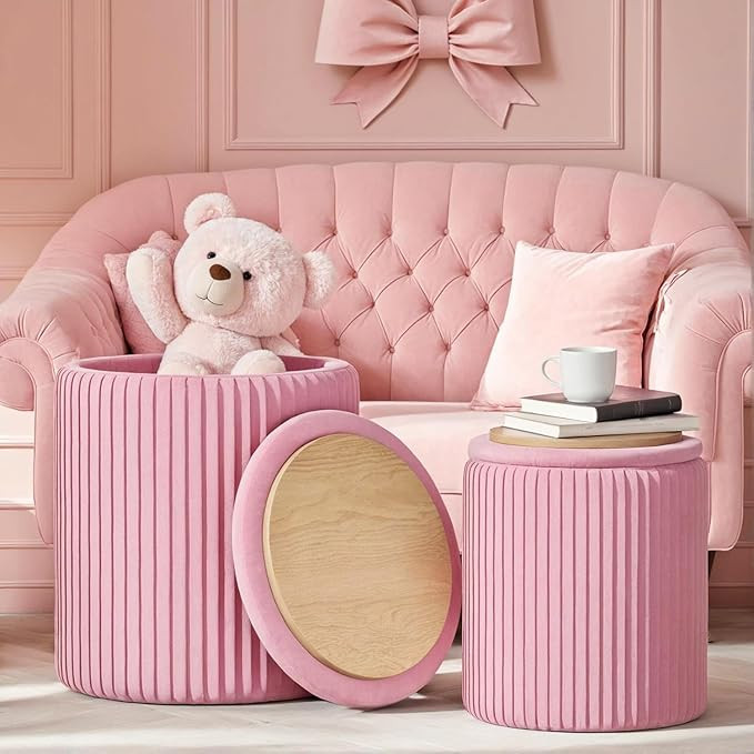 Round Set of 2 Ottoman with Storage-Upholstered Velvet Vanity Stool for Makeup Multifunctional Ot... | Amazon (US)