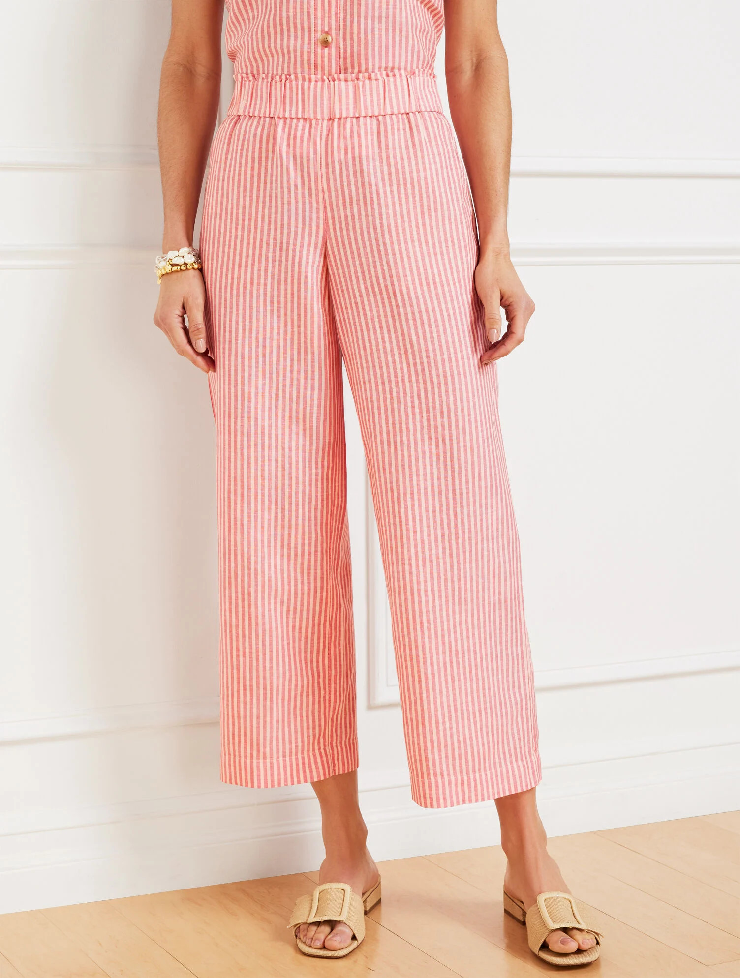 Wide Crop Pull-On Washed Linen Pants - Tonal Stripe | Talbots