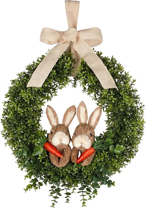 22' Spring Easter Wreath - Artificial Green Boxwood Wreath with Burlap Bow & Sisal Bunnies - Door... | Amazon (US)