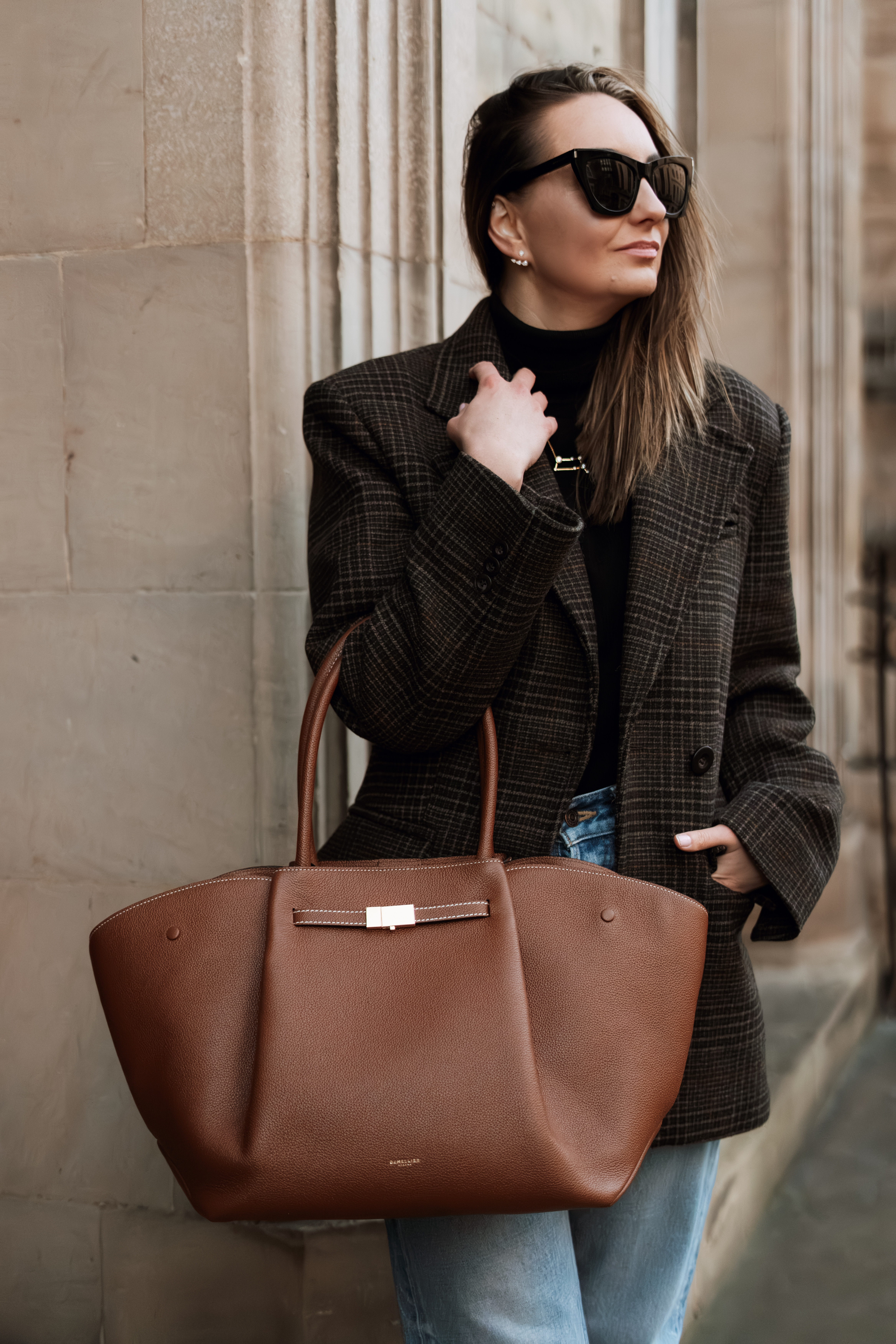 A fall casual look featuring a tweed andotherstories blazer, jeans and white sneakers. Cat eye black Saint Laurent YSL Kate sunglasses and DeMellier New York tote bag in caramel (this is the larger size). 

#ootd #falloutfit #fallstyle #winterstyle #demellier #demellierbag #demelliernewyork

#LTKItBag #LTKStyleTip #LTKSeasonal