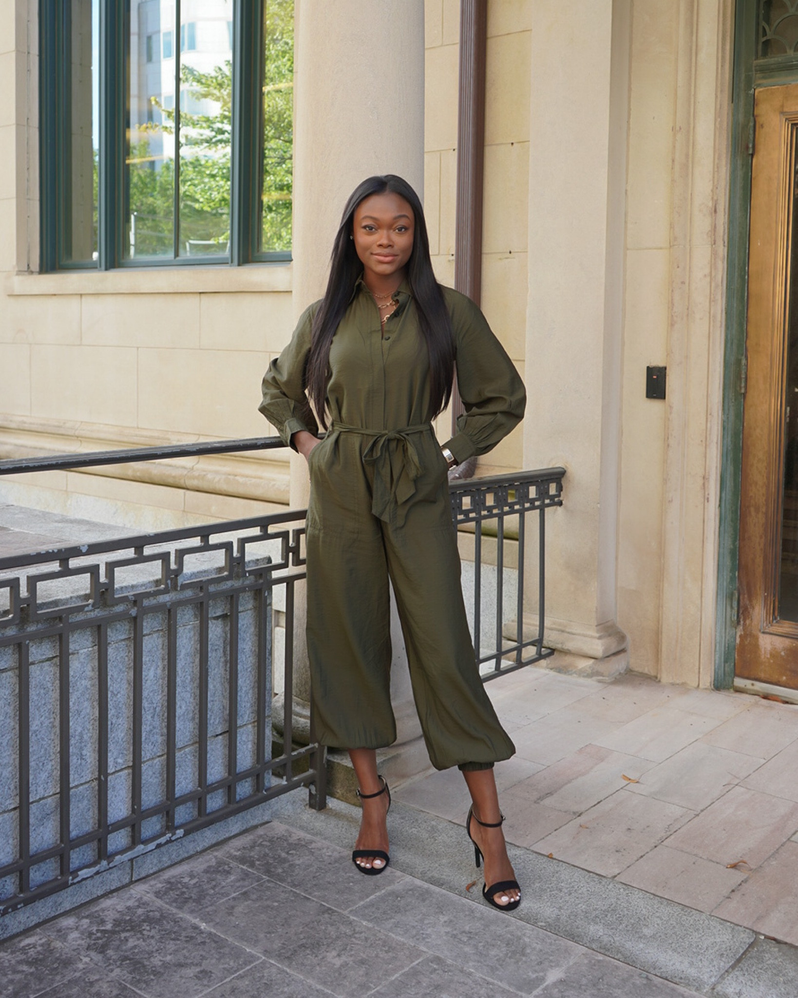 Green jumpsuit (xs), black heels, gold jewelry, gold necklace, Banana Republic

#LTKSeasonal #LTKworkwear #LTKstyletip