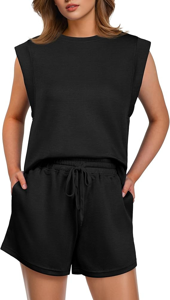 GRECERELLE 2025 Women's Summer 2 Piece Outfits Round Neck Cap Sleeve Top with Pocket Short Sets | Amazon (US)