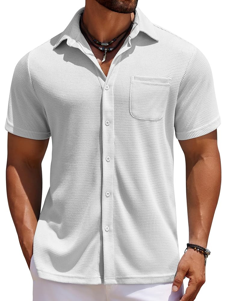 COOFANDY Men's Knit Button Down Shirts Casual Short Sleeve Polo Shirt Summer Beach Shirts with Po... | Amazon (US)