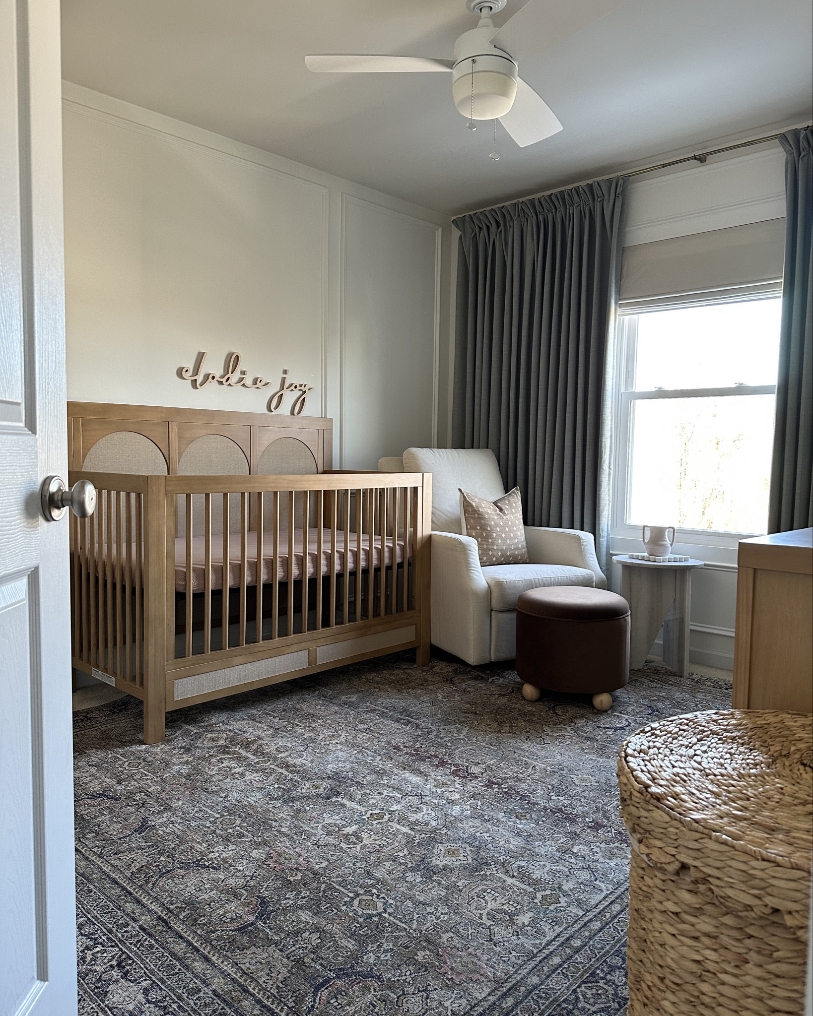 Simple modern meets vintage neutral girl nursery 
My curtains are in the color “pale blue aqua”. Please send me a message if you have any other questions!
We have had this rug for at least 5 years now (used in multiple rooms because it’s the most versatile!) and it’s held up so great! 
Our crib and dresser are some of the nicest furniture we own and will definitely grow with our daughter!

#LTKHome