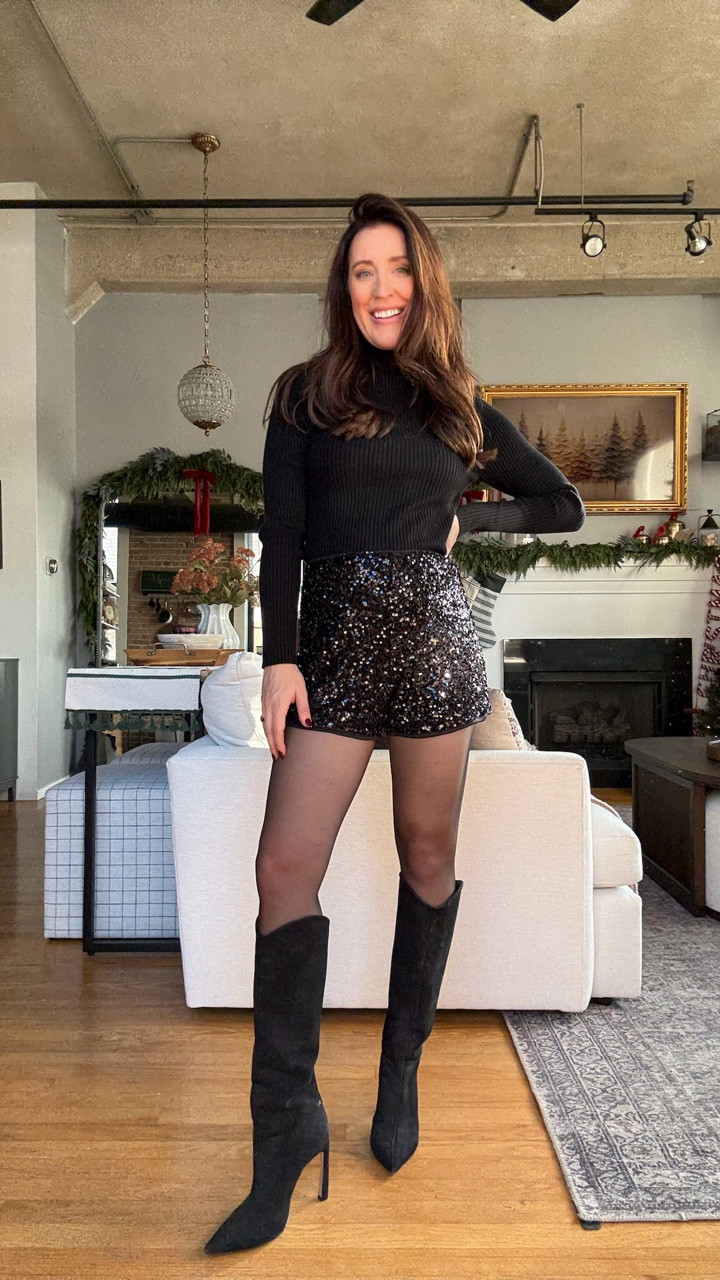 Mama feels like a million bucks in this little holiday party or New Year’s Eve outfit from Target! Can’t get over these stretchy sequin shorts and loved them paired with tights and knee high boots. 

#LTKSaleAlert #LTKHoliday