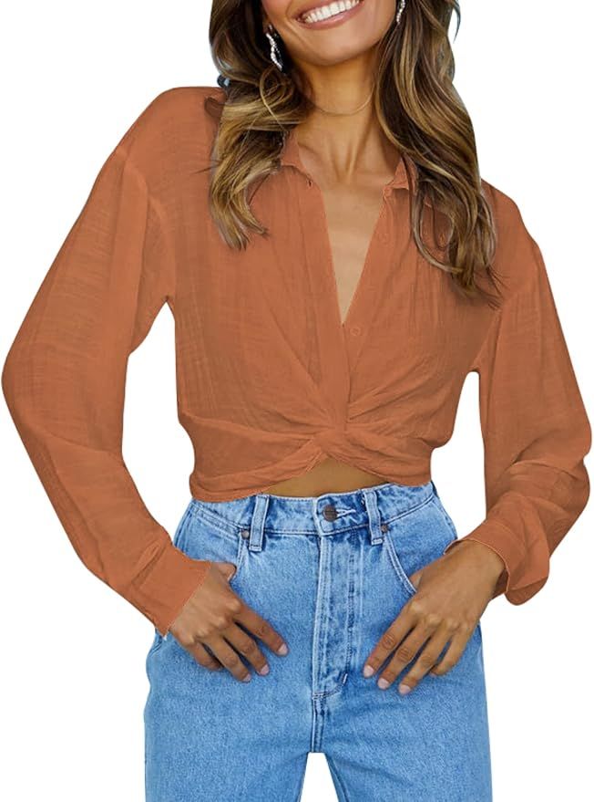 Zeagoo Women's V Neck Twist Hem Blouse Long Sleeve Crop Top Casual Button Shirts | Amazon (US)