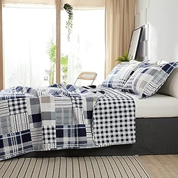 Blue White Brown Plaid Quilt Set Twin Size Reversible Patchwork Bedspread Lightweight Summer Blan... | Amazon (US)