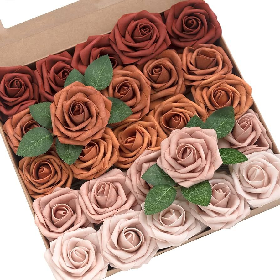 Ling's Moment Artificial Roses Flowers 25pcs Terracotta Ombre Colors Fake Roses with Stem for DIY... | Amazon (US)