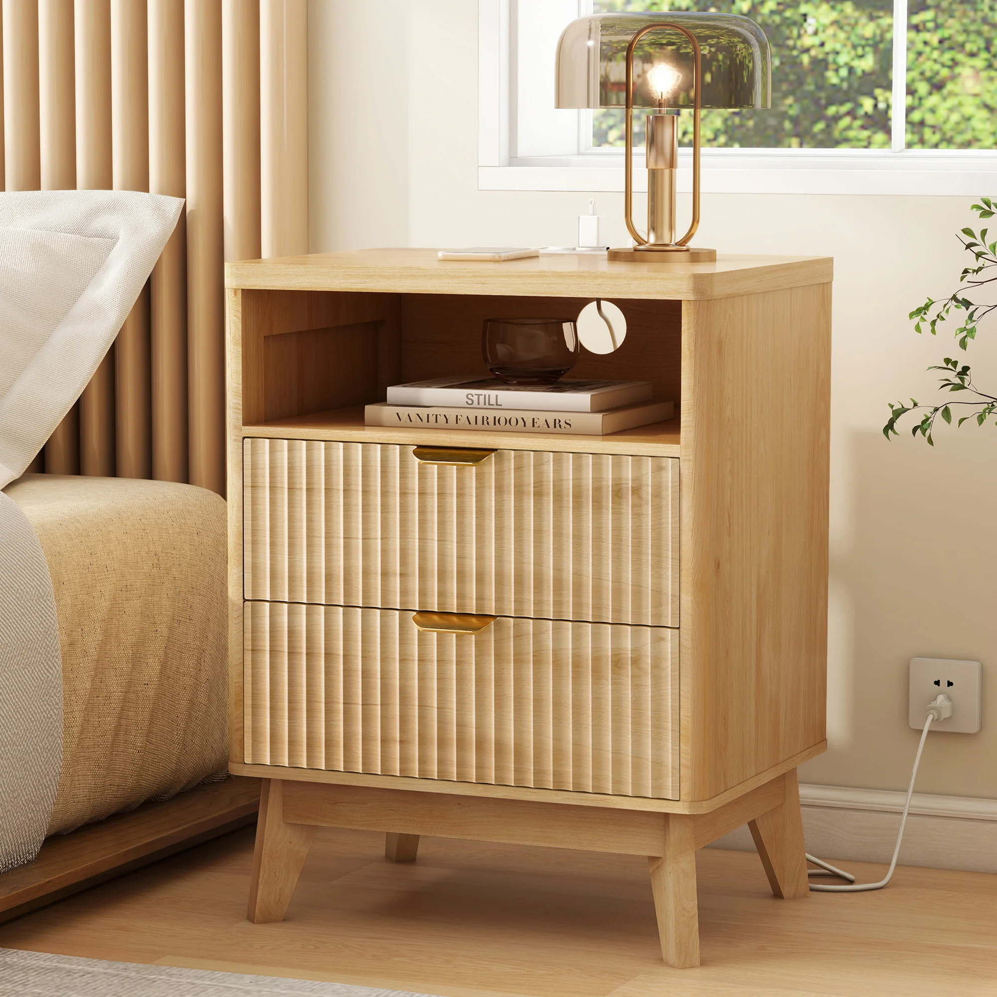 NightStand with Charging Station, Fluted Bedside Table Furniture,19.7'' W X 15'' D | Wayfair North America