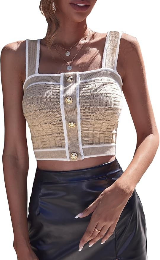 COZYEASE Women's Contrast Trim Button Detail Crop Knit Top Sleeveless Bodycon Summer Top Khaki XS | Amazon (US)