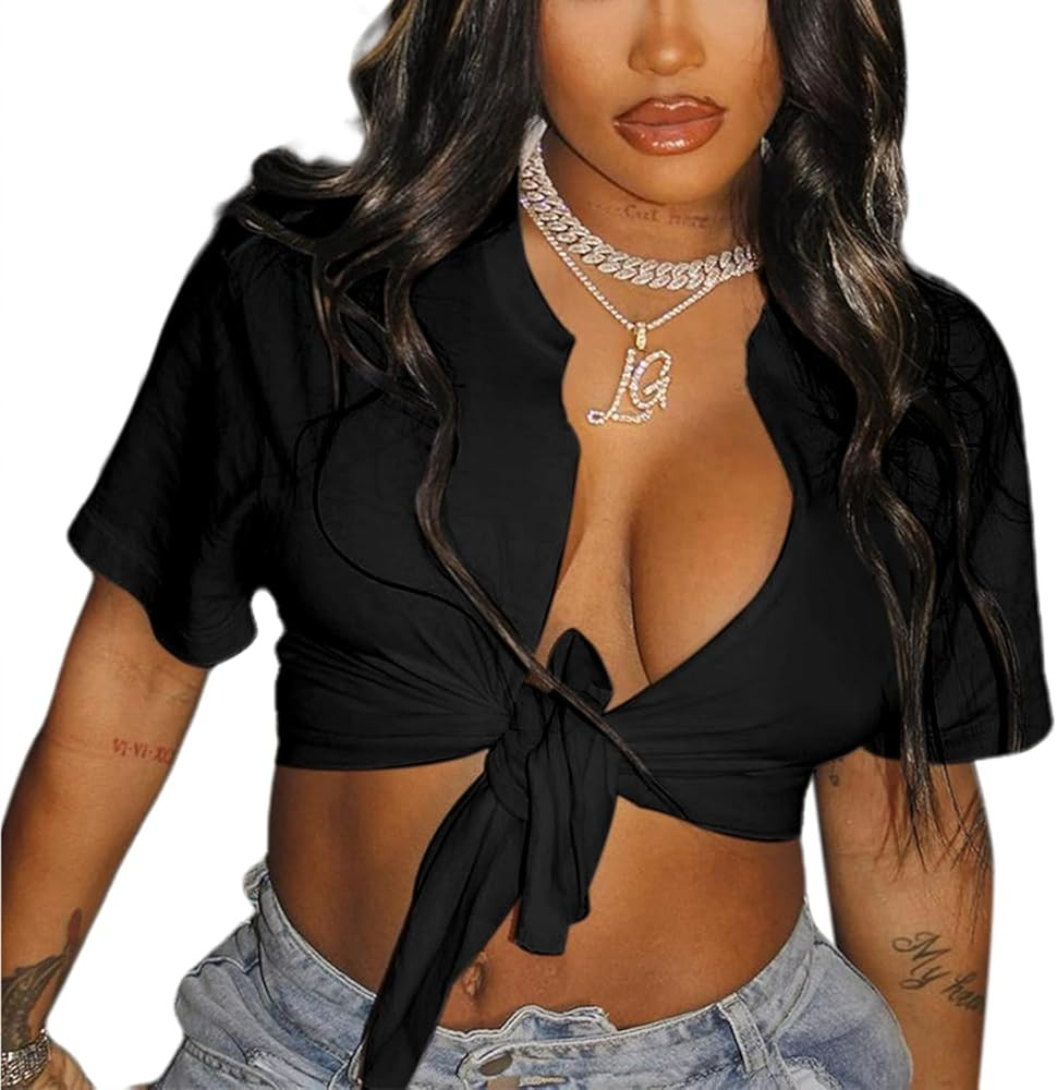 LovelyWholesale Womens Sexy Tie Front Crop Top Short Sleeve Casual Summer V Neck T Shirt | Amazon (US)