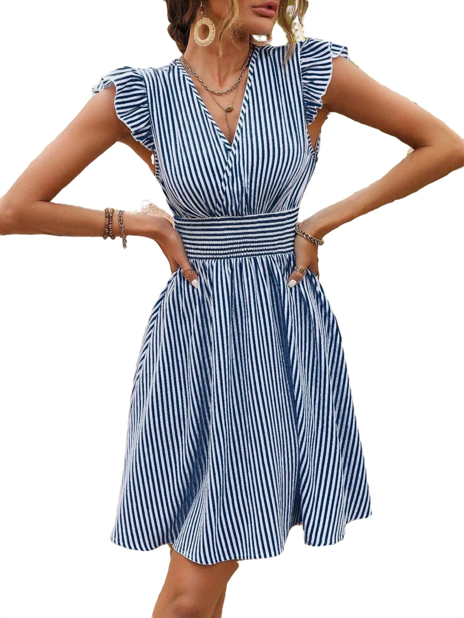 Casual Striped A Line Dress V neck Navy Blue Women Dresses | Walmart (US)