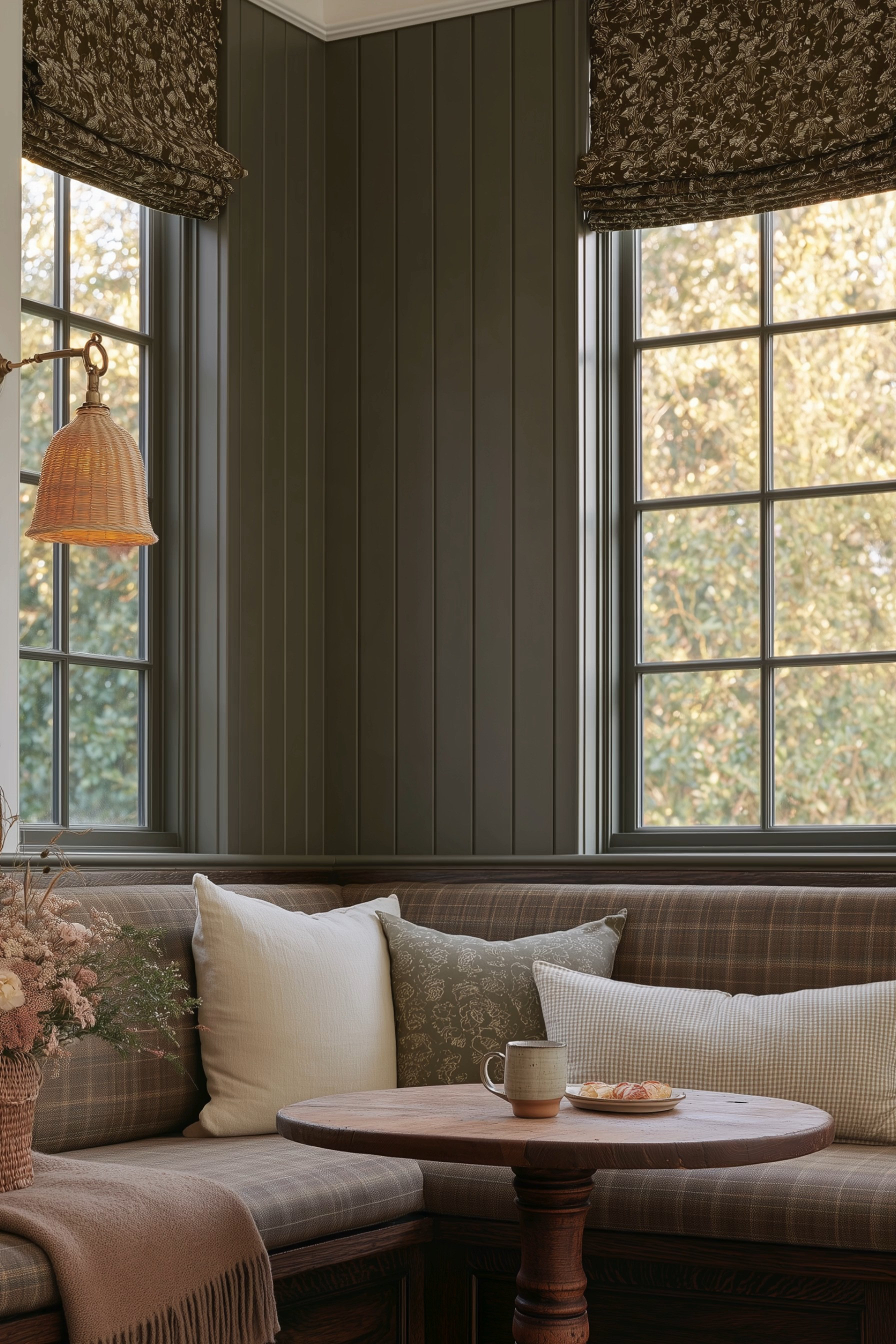 Cozy English Country Breakfast Nook 🤎 This charming built-in dining nook blends English country style, cottage interiors, and warm traditional decor with deep olive green vertical paneling, plaid upholstered bench seating, floral Roman shades, and a rustic round pedestal table. Layered neutral pillows, gingham patterns, woven accents, a rattan wall sconce, and warm wood tones create a collected, cozy look perfect for a breakfast nook, kitchen banquette, or intimate dining corner. 🖤 If you want to see more content like this, FOLLOW maeveandmodern on LTK, Instagram, and Pinterest! Check out our blog where we post daily, maeveandmodern.com! English Country Breakfast Nook | Cozy Breakfast Nook | Built In Banquette | Kitchen Banquette Seating | English Cottage Decor | Cottage Kitchen Ideas | Olive Green Walls | Green Wall Paneling | Plaid Banquette | Plaid Upholstery | Floral Roman Shades | Patterned Roman Shades | Rattan Wall Sconce | Wicker Lighting | Round Pedestal Table | Rustic Wood Table | Gingham Pillow | Neutral Throw Pillows | Cottagecore Home Decor | Grandmillennial Decor | Traditional Kitchen Decor | Moody Green Interiors | Collected Home Style | Cozy Dining Nook | Small Dining Space | Warm Traditional Interiors | Fall Home Inspiration | English Country Home

#LTKHome #LTKSaleAlert