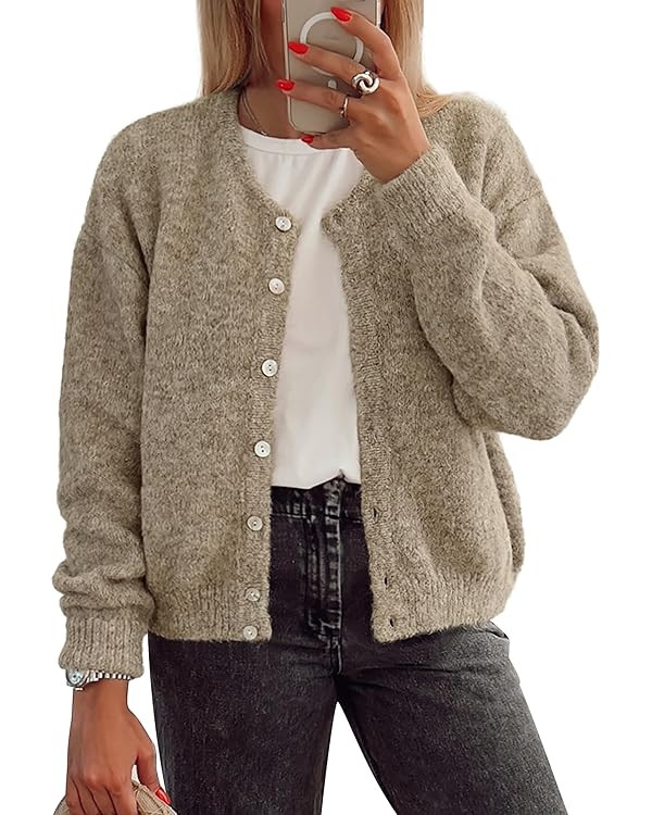 ATHMILE Fall Long Sleeve Cardigans for Women Sweater Fashion Open Front Winter Button Down Crewne... | Amazon (US)