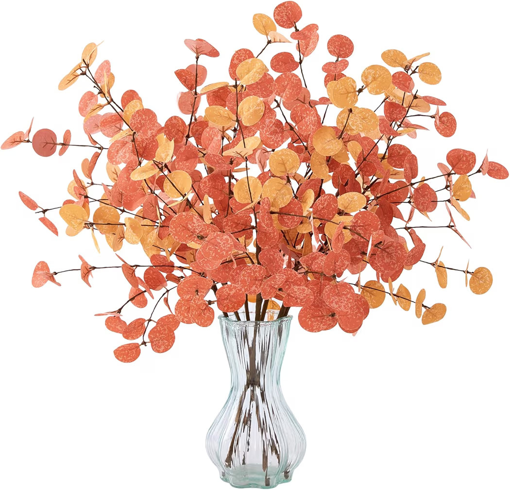 6 PCS Orange Artificial Fall Flowers Stems Autumn Decor, Fake Eucalyptus Leaves Home Decor Indoor... | Amazon (US)