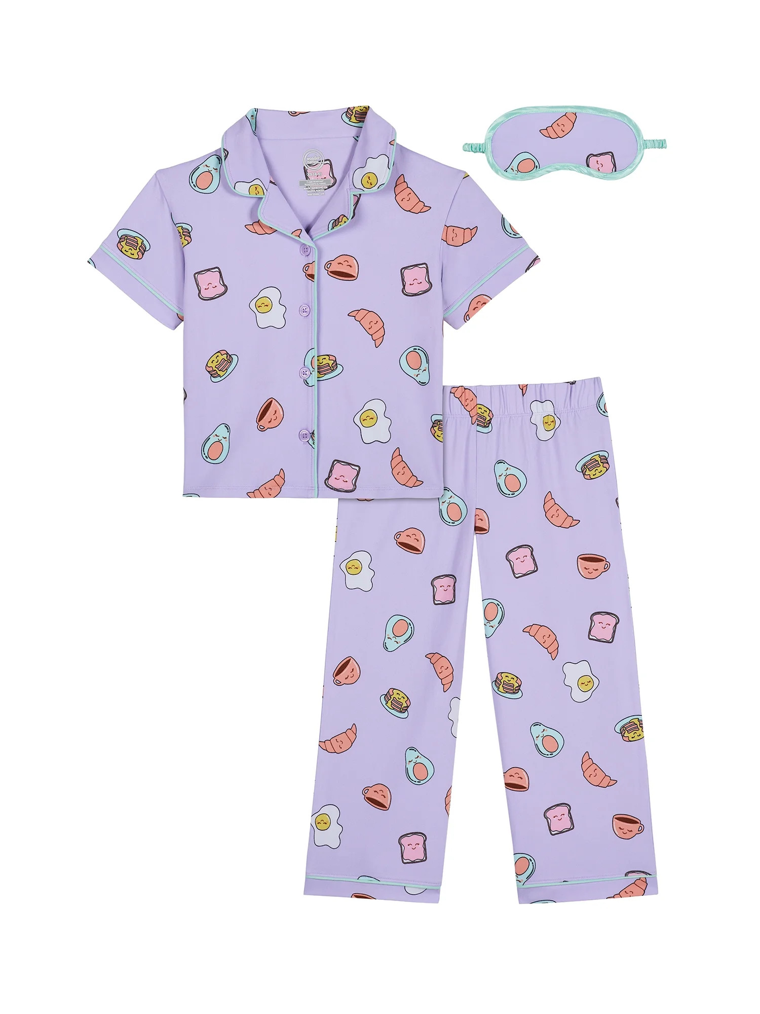 Wonder Nation Girls Short Sleeve Button Front Pajama Top and Pants Set with Eyemask, 3-Piece, Siz... | Walmart (US)