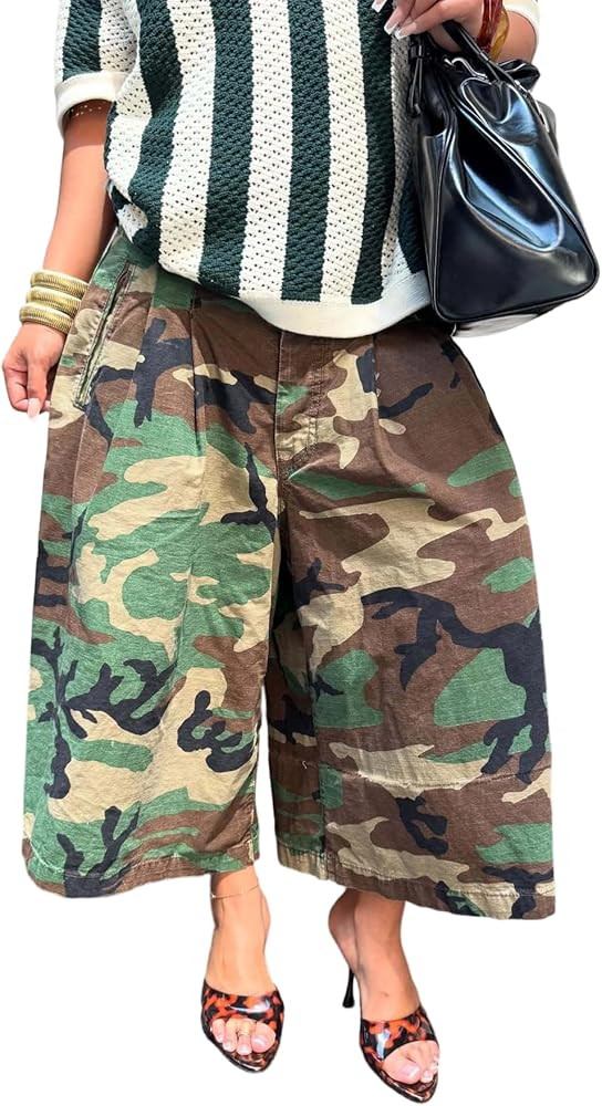 LETSVDO Women Barrel Camo Pants Baggy High Waisted Wide Leg Camouflage Palazzo Capris Army Fatigu... | Amazon (US)