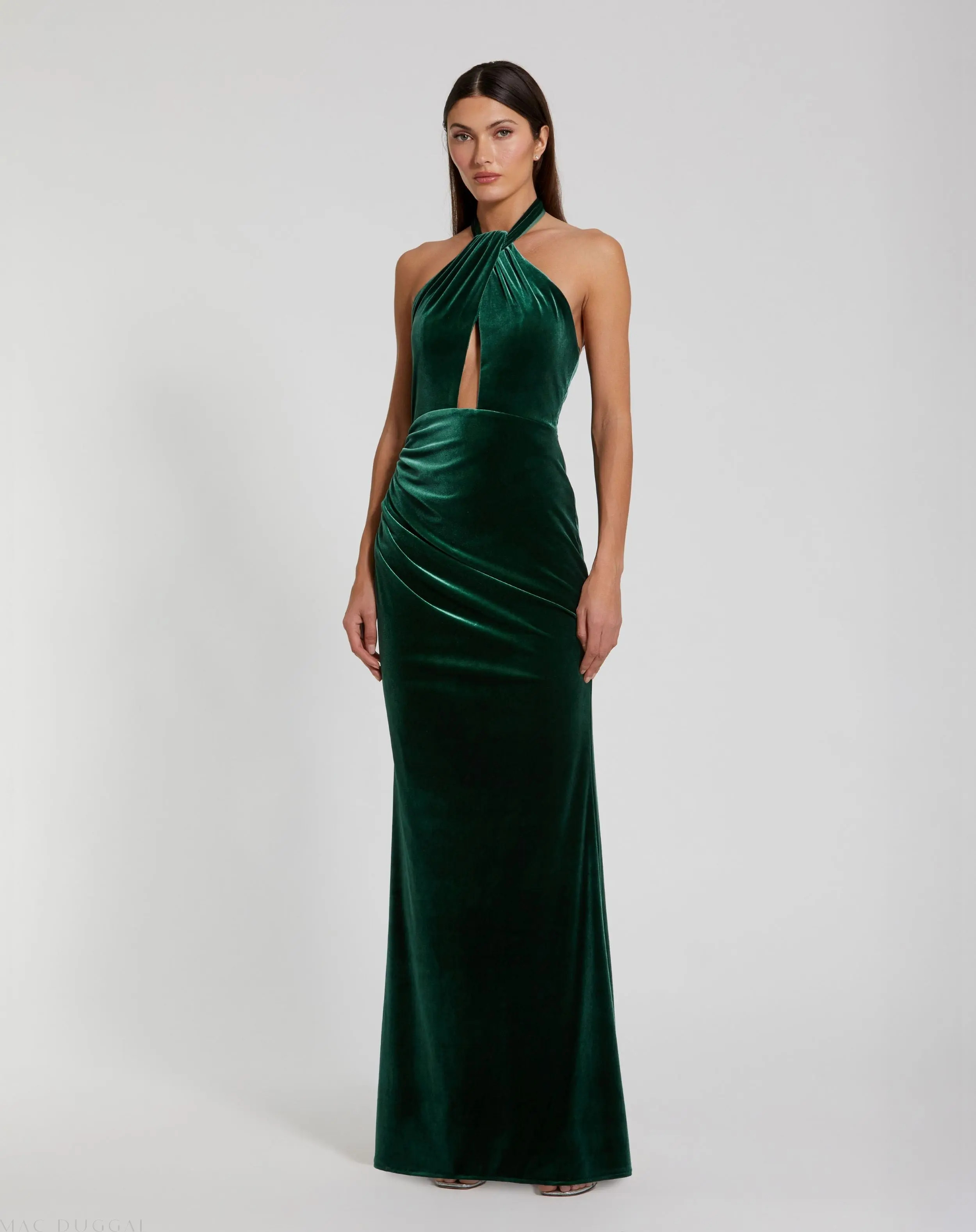 Twist Neck Open Front Velvet Draped Gown | Mac Duggal