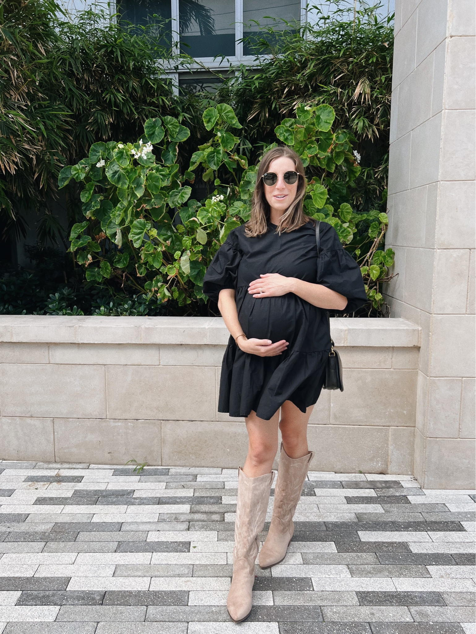 Fall outfit. Maternity. Black puff sleeve dress. Tall knee high boots. 

#LTKbump #LTKunder50 #LTKshoecrush