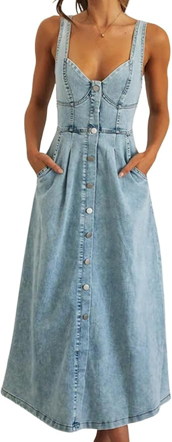 Women's Summer Casual Button Down Denim Dress Sleeveless Slim Fit Midi A-Line Jean Dress | Amazon (US)