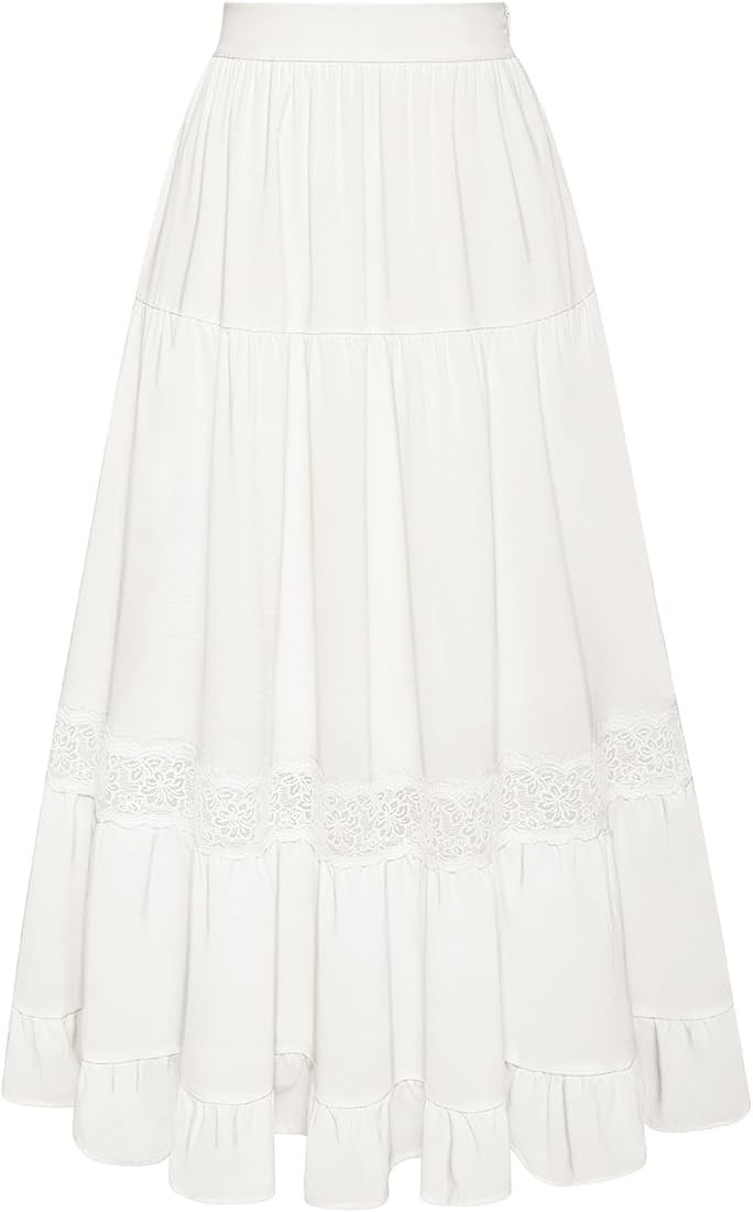 Belle Poque Women's Boho High Waisted Maxi Skirt Long Flowy Summer Beach Aline Ruffle Lace Tiered... | Amazon (US)