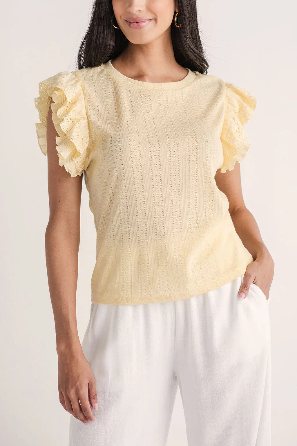 Hem and Thread Pointelle Ruffle Top | Social Threads