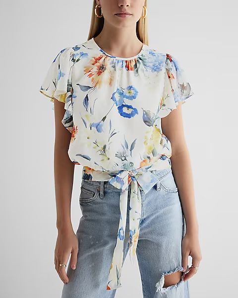 Floral Gathered Neck Flutter Sleeve Tie Banded Bottom Top | Express