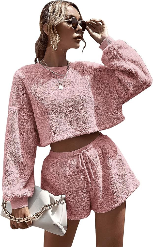 SweatyRocks Women's Fuzzy Long Sleeve Hoodie and Shorts 2 Piece Pajama Set Sleepwear | Amazon (US)