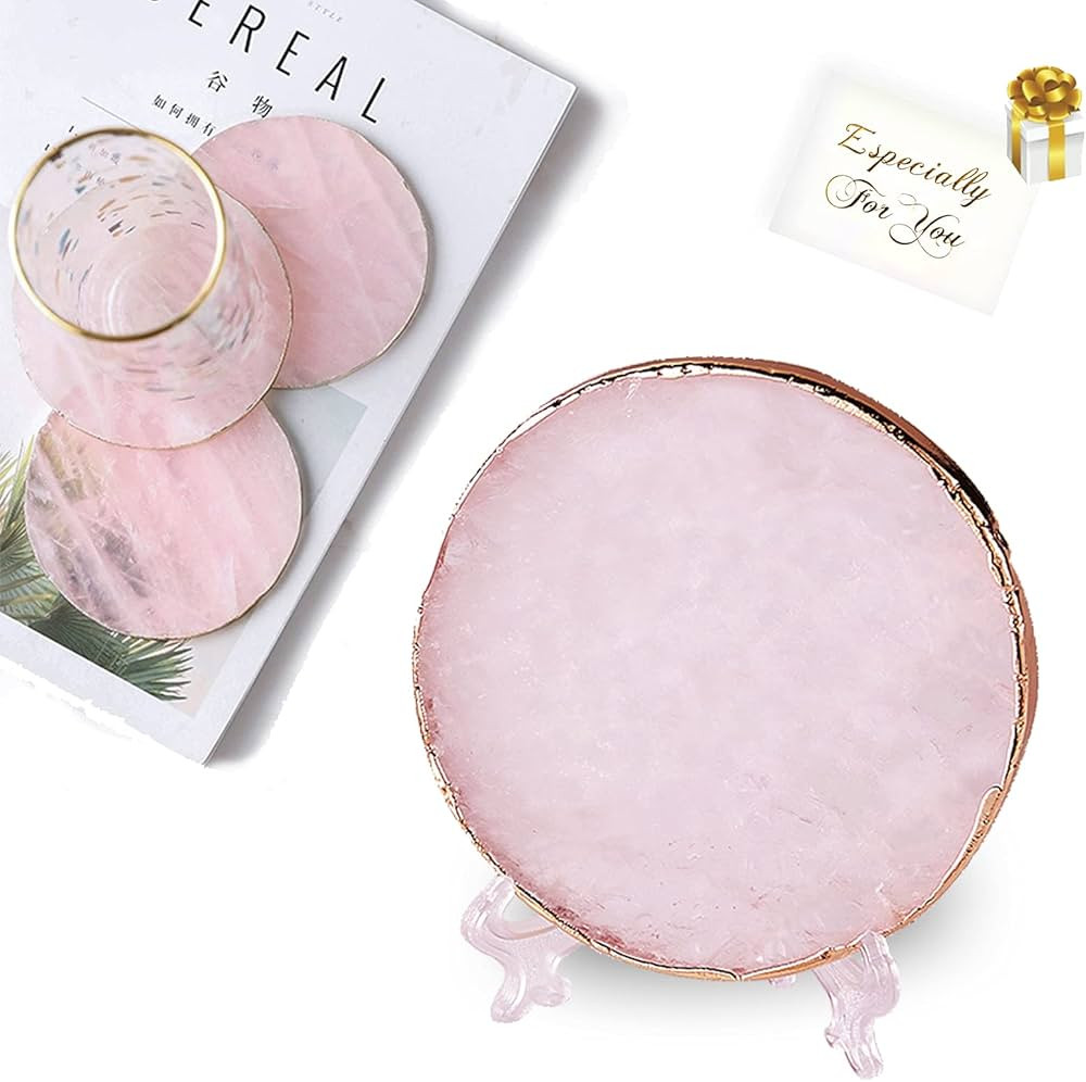 Rose Quartz Coaster Single with Stand (1Pcs),Pink Round Agate Coaster for Drinks,Natural Rose Cry... | Amazon (US)