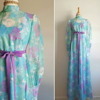 Vintage 1960S 1970S Sheer Chiffon Pastel Blue Floral Maxi Long Dress, Puff Balloon Sleeves, High Neck, Purple Velvet Bow, Green, Formal | Etsy (US)