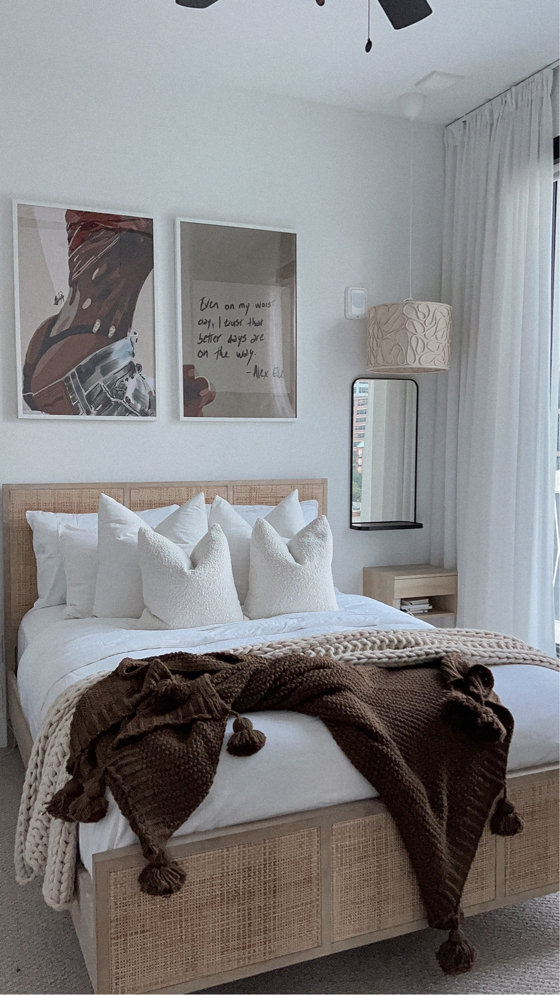 obsessed with my new neutral bedroom decor. art is from @smard.art 

curtains are Hilja curtains from IKEA 
side mirrors with shelves are the IKEA Lindbyn mirrors ✨


#LTKhome