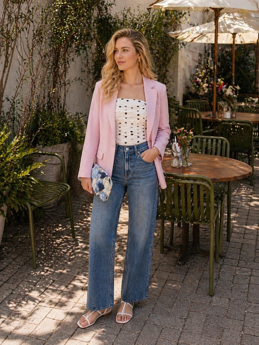 Pink blazer polka dot top and jeans with sandals 

#LTKspring #LTKjeans #LTKsummer