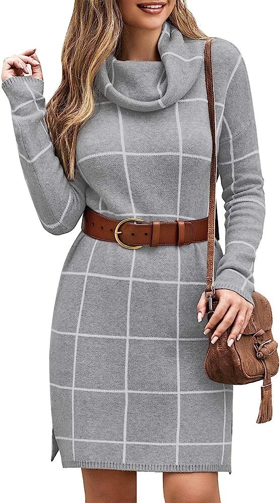 luvamia Women Casual Turtleneck Knitted Sweater Cozy Grid Pullover Sweater Dress | Amazon (US)