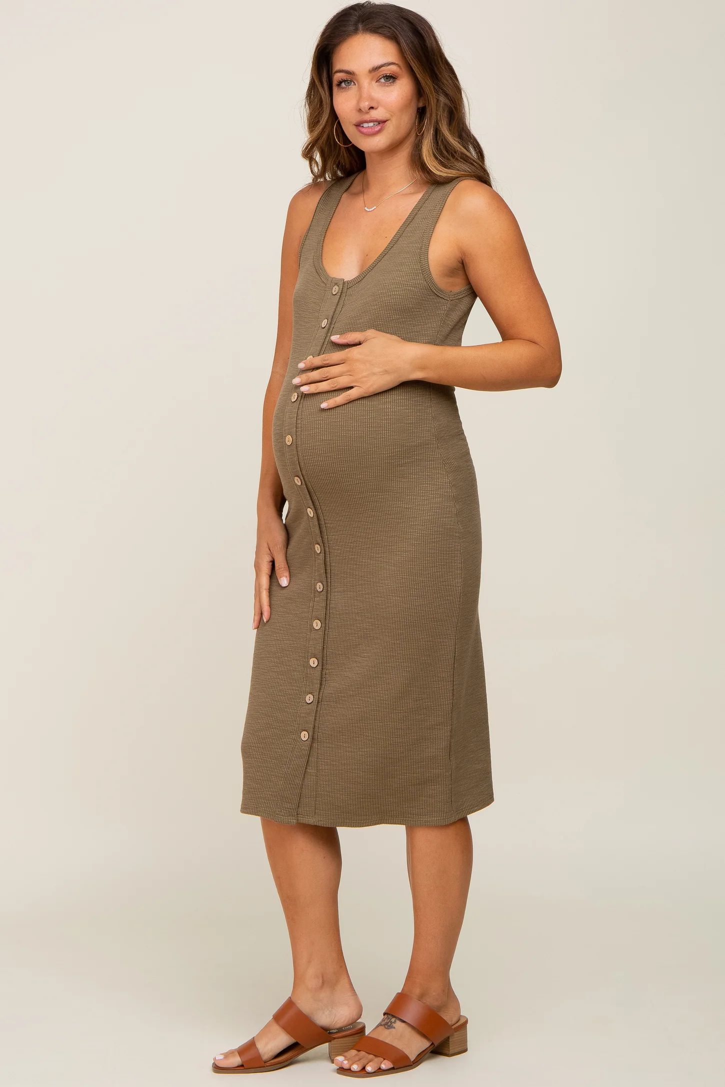 Olive Ribbed Button Front Maternity Midi Dress | PinkBlush Maternity