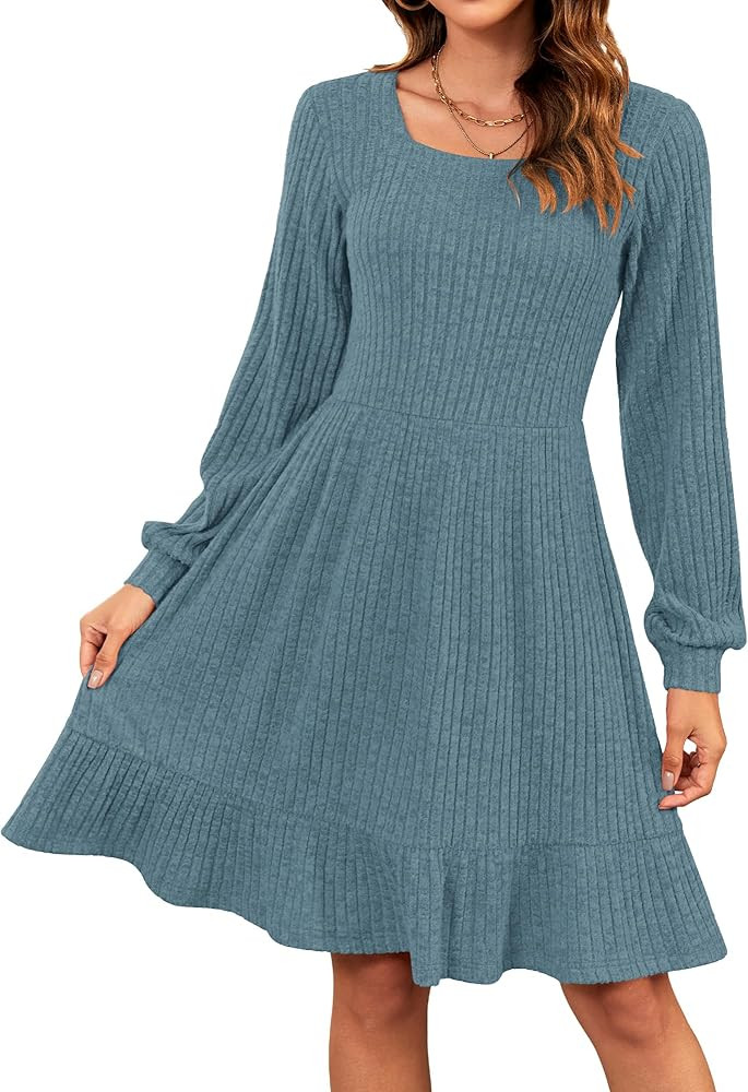 AUSELILY Womens Fall Dress 2024 Square Neck Long Sleeve Dresses Casual A Line Knit Sweater Dress ... | Amazon (US)