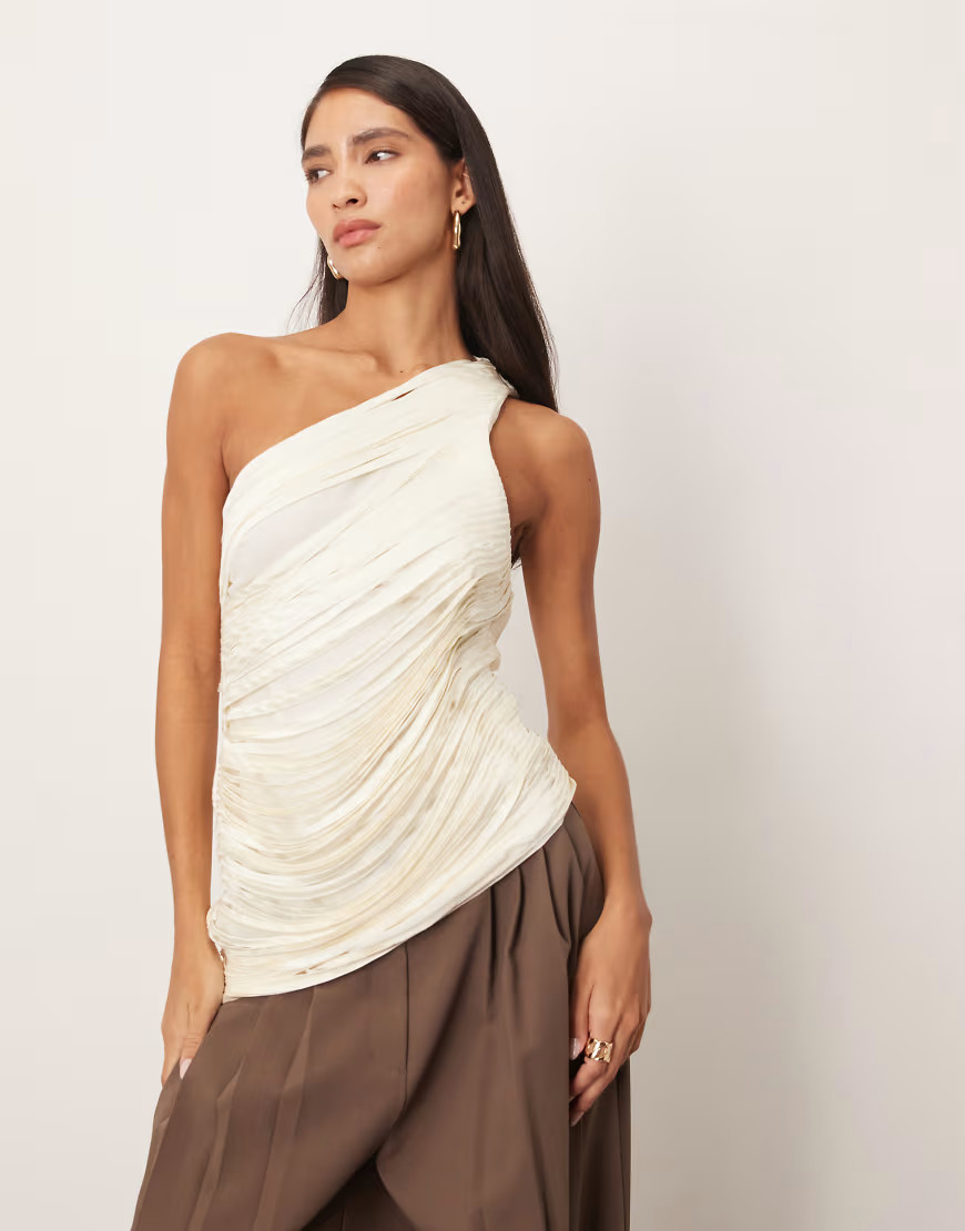 ARRANGE draped fringe one shoulder top in winter white | ASOS (Global)