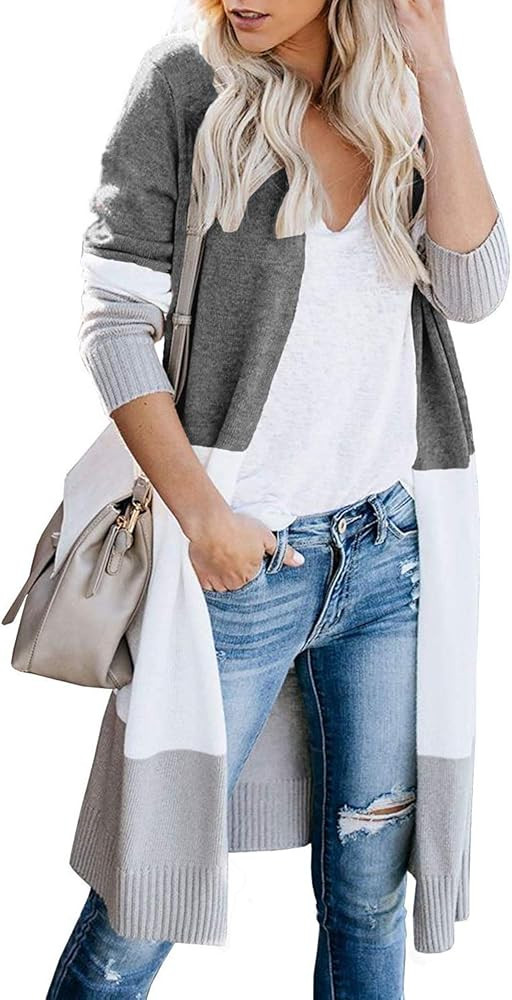 Women's Long Cardigan Open Front Color Block Cardigan Knit Sweaters | Amazon (US)