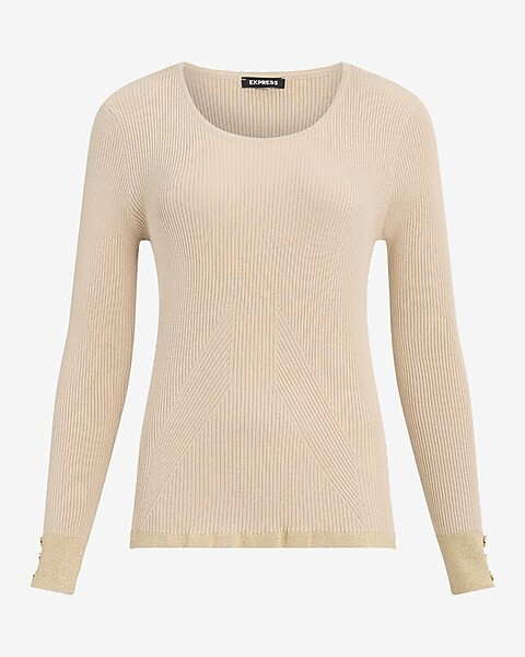 Ribbed Shine Button Cuff Crew Neck Sweater | Express