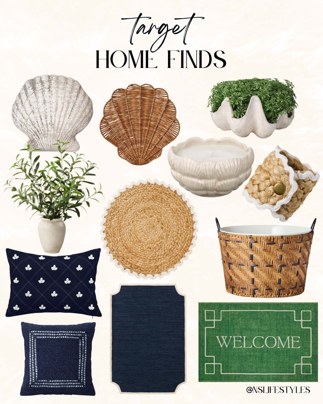 🐚 Give your living space a fresh, coastal-inspired update with these gorgeous new Target home finds! This collection beautifully blends beachy textures like woven rattan shells, scalloped jute mats, and faux greenery to create a relaxed, airy aesthetic. 🌿
I am absolutely loving how the rich navy blue throw pillows and deep green welcome mat add the perfect pop of sophisticated color. They are the ideal seasonal essentials to instantly elevate your indoor or outdoor style! ✨
#TargetHome #TargetFinds #HomeDecor #CoastalDecor #InteriorInspo #SummerDecor #HomeStyle #TargetHaul

#LTKHome
