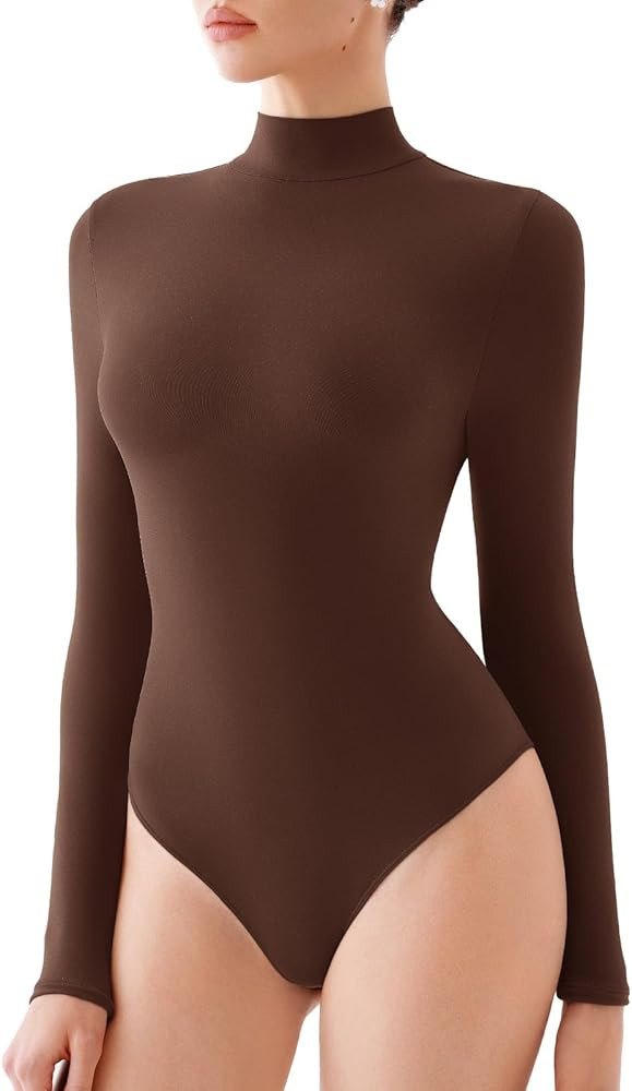 REORIA Women's Turtle Neck Long Sleeve Bodysuit Basic Slim Fit Double Lined Lightweight Layering ... | Amazon (US)