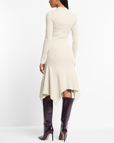Mock Neck Ribbed Asymmetrical Hem Sweater Midi Dress | Express